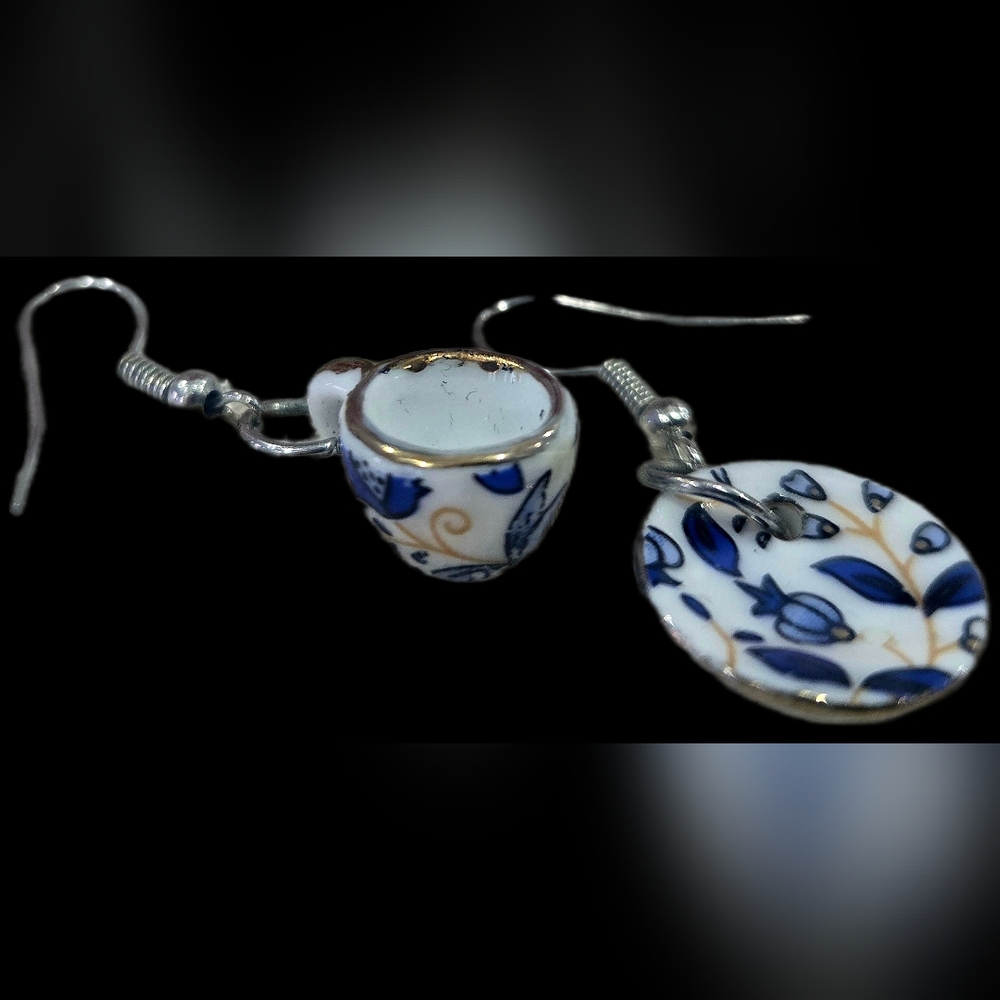 Elegant Blue and Gold Teacup Earrings